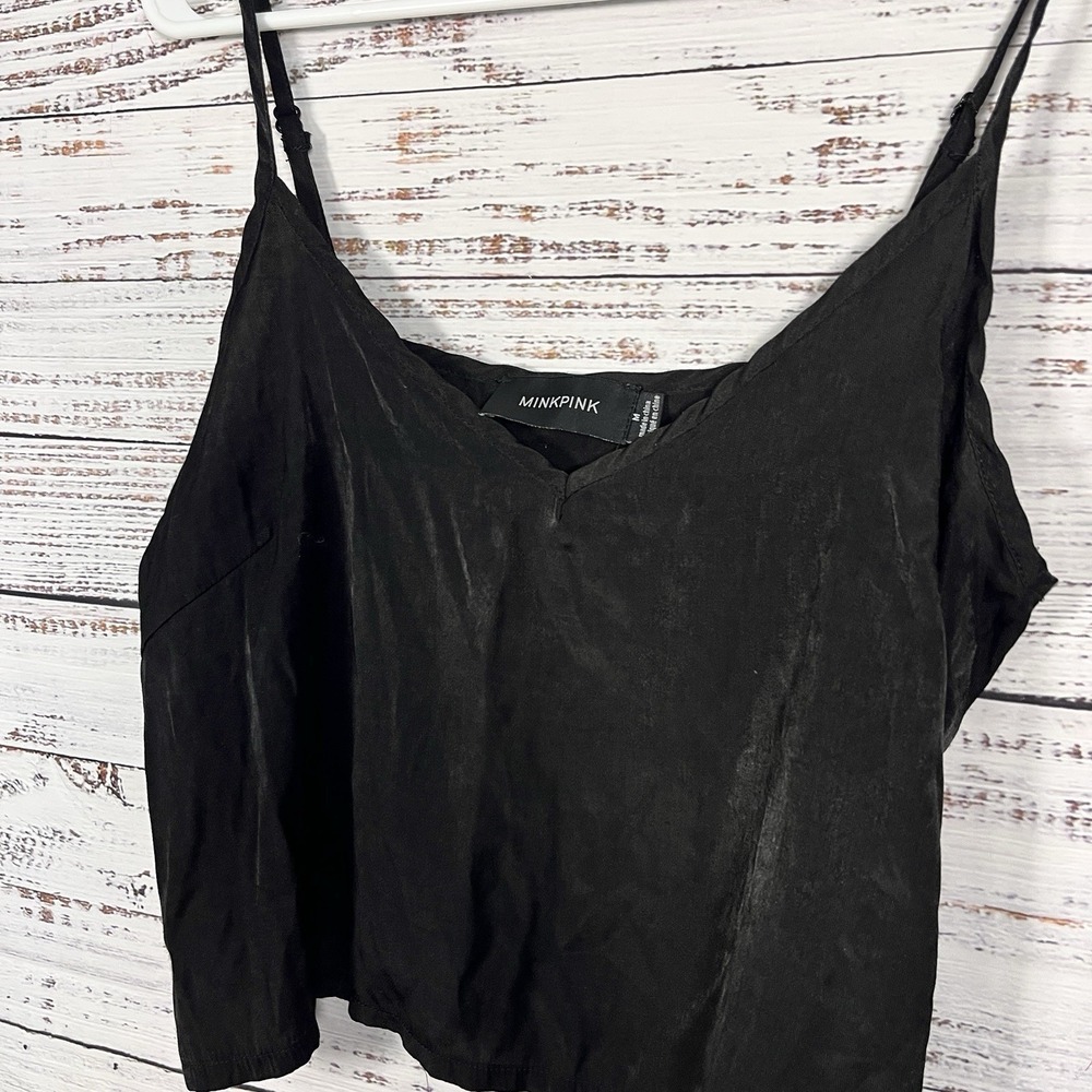 MINKPINK Black Slinky Tank Top Women's Med Spaghetti Strap Cropped Goth Summer - Picture 3 of 7